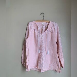 Joie pink embroidered linen peasant Bohemian Feminine top Shirt Blouse